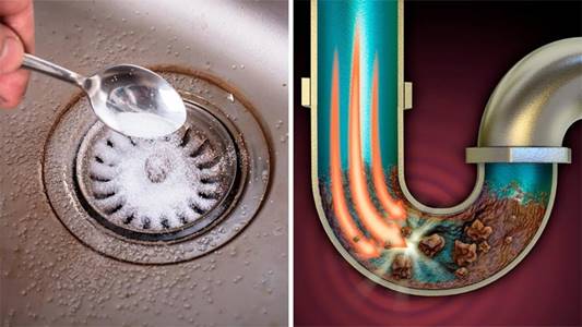 A clogged drain being unclogged with baking soda and vinegar.